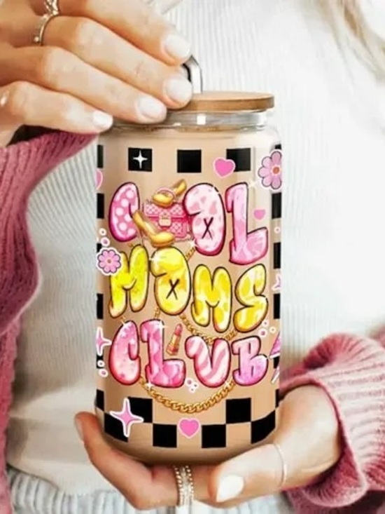None Other - Cool Moms Club Glass Tumbler — Pink & Yellow Graphic Nib Open Box
